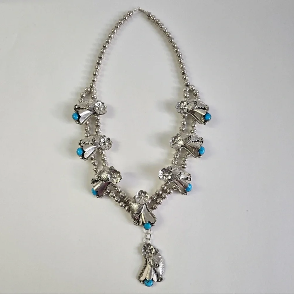 Sterling Silver 925 and Turquoise Floral Squash Blossom Necklace - Picture 6 of 16